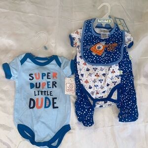 4 PIECE SET BABY BOY 3-6 & 6-9 MONTHS DUCK DUCK GOOSE Shirt Bib Footie Pajamas